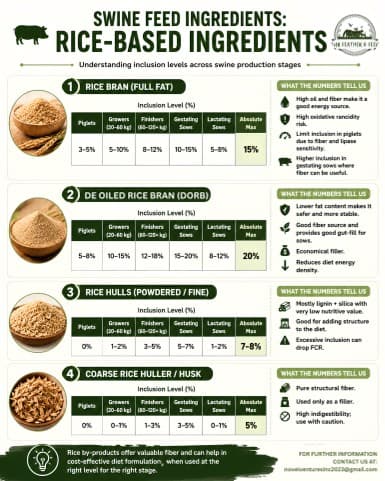 Rice-based ingredients: inclusion ranges by production stage for full-fat rice bran, de-oiled rice bran, rice hulls and coarse husk, with notes on fibre, oil and digestibility.