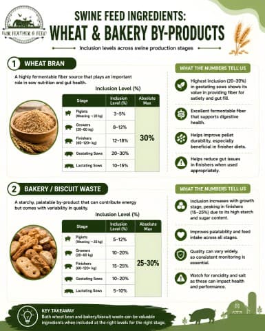 Wheat and bakery by-products: inclusion ranges by stage for wheat bran and bakery waste, with notes on fermentable fibre, palatability and quality variation.
