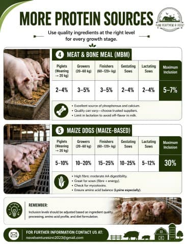 Inclusion levels by stage for meat and bone meal and maize DDGS, with notes on phosphorus, calcium, fibre and amino acid balance.